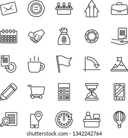 Thin Line Icon Set - mobile phone vector, case, calculator, document search, money bag, crisis graph, coffee, manager place, calendar, reload, pencil, stamp, tracking, meeting, arrow up, motivation