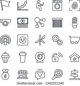 Thin Line Icon Set - mobile tracking vector, smart home, socket, fingerprint, wireless lock, web camera, water filter, washer, energy saving bulb, outdoor lamp, jalousie, windmill, consumer search
