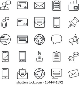 Thin Line Icon Set - mobile phone vector, speaking man, mail, office, loudspeaker, network, cell, speaker, paper pin, message, clipboard, home, schedule