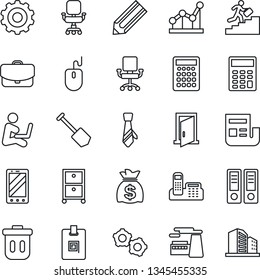Thin Line Icon Set - mobile phone vector, gear, office binder, mouse, money bag, job, factory, pencil, news, identity card, calculator, chair, point graph, tie, archive box, career ladder, trash bin