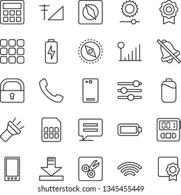 Thin Line Icon Set - mobile vector, phone back, call, menu, message, tuning, calculator, stopwatch, sim, download, wireless, torch, mute, brightness, cut, compass, lock, cellular signal, battery