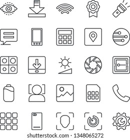 Thin Line Icon Set - mobile vector, phone back, call, menu, message, camera, gallery, calculator, scanner, sim, network, download, wireless, torch, brightness, place tag, face id, eye, battery
