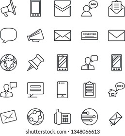 Thin Line Icon Set - mobile phone vector, speaking man, mail, office, loudspeaker, network, cell, speaker, paper pin, message, clipboard, reserved, home