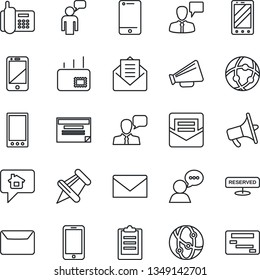 Thin Line Icon Set - mobile phone vector, speaking man, mail, office, loudspeaker, network, cell, speaker, paper pin, clipboard, reserved, home message, schedule