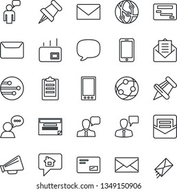 Thin Line Icon Set - mobile phone vector, speaking man, mail, loudspeaker, network, speaker, paper pin, message, clipboard, home, schedule