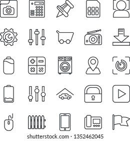Thin Line Icon Set - mobile phone vector, calculator, mouse, fence, navigation, radio, settings, paper pin, low battery, play button, tuning, sim, download, lock, face id, eye, photo gallery, garage