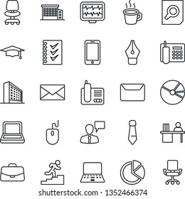 Thin Line Icon Set - mobile phone vector, speaking man, mail, office building, chair, case, document search, graduate, mouse, notebook pc, tie, monitor pulse, radio, coffee, pie graph, ink pen
