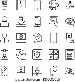 Thin Line Icon Set - mobile phone vector, identity card, document, important flag, cash, tracking, cell, camera, user, download, application, restaurant receipt, home control app