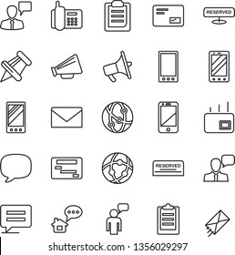 Thin Line Icon Set - mobile phone vector, speaking man, mail, office, loudspeaker, network, cell, speaker, paper pin, message, clipboard, reserved, home, schedule