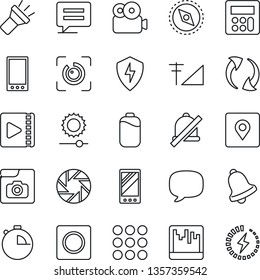 Thin Line Icon Set - mobile vector, menu, message, update, camera, protect, calculator, stopwatch, bell, record, scanner, torch, mute, brightness, place tag, compass, eye id, video, photo gallery