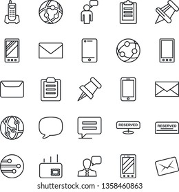 Thin Line Icon Set - mobile phone vector, speaking man, mail, office, network, cell, speaker, paper pin, message, clipboard, reserved