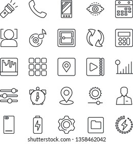 Thin Line Icon Set - mobile vector, phone back, call, menu, update, settings, tuning, user, calculator, alarm, scanner, folder, calendar, torch, brightness, place tag, face id, eye, music, video