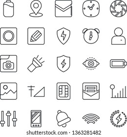 Thin Line Icon Set - mobile vector, camera, gallery, protect, tuning, user, clock, alarm, bell, mail, record, sim, notes, wireless, torch, place tag, eye id, photo, cellular signal, battery, charge