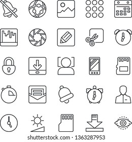 Thin Line Icon Set - mobile vector, menu, camera, gallery, user, clock, alarm, stopwatch, bell, mail, scanner, sd, network, calendar, notes, download, mute, brightness, cut, lock, face id, eye