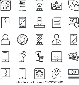 Thin Line Icon Set - mobile phone vector, identity card, document, important flag, cash, tracking, cell, camera, user, download, application, restaurant receipt, home control app