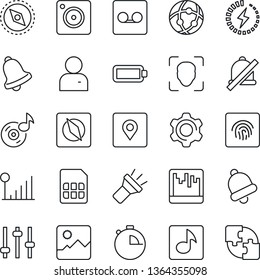 Thin Line Icon Set - mobile camera vector, gallery, settings, tuning, user, stopwatch, bell, record, scanner, sim, network, torch, mute, place tag, compass, face id, fingerprint, music, battery