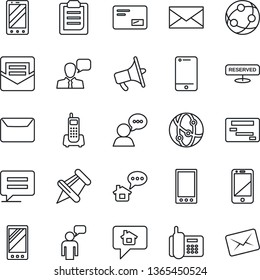 Thin Line Icon Set - mobile phone vector, speaking man, mail, office, loudspeaker, network, cell, speaker, paper pin, message, clipboard, reserved, home, schedule