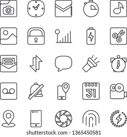 Thin Line Icon Set - mobile tracking vector, cell phone, message, camera, gallery, clock, alarm, stopwatch, mail, record, calendar, data exchange, torch, mute, cut, place tag, lock, fingerprint id