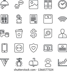 Thin Line Icon Set - mobile phone vector, dollar sign, book, document search, notebook pc, coffee, blood pressure, scales, heart shield, medical calendar, virus, gallery, user, wireless, clock