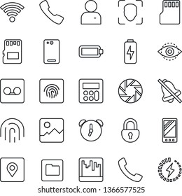 Thin Line Icon Set - mobile vector, phone back, call, camera, gallery, user, calculator, alarm, record, scanner, sd, folder, wireless, mute, place tag, lock, face id, eye, fingerprint, battery