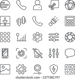 Thin Line Icon Set - mobile vector, call, menu, message, camera, gallery, protect, settings, tuning, user, calculator, network, data exchange, download, torch, mute, brightness, cut, eye id