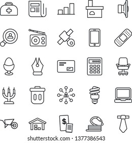 Thin Line Icon Set - mobile phone vector, hierarchy, wheelbarrow, hose, fireplace, doctor case, patch, satellite, radio, news, speaker, laptop pc, mail, bar graph, ink pen, warehouse, client search