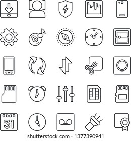 Thin Line Icon Set - mobile vector, phone back, update, protect, settings, tuning, clock, alarm, record, scanner, sd, sim, calendar, data exchange, download, torch, cut, compass, face id, music