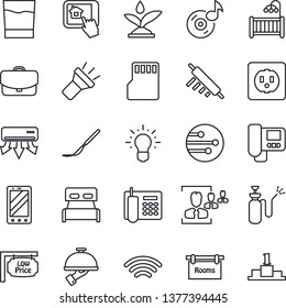 Thin Line Icon Set - mobile phone vector, garden sprayer, scalpel, sd, network, wireless, torch, music, hr, office, rooms, low price signboard, bedroom, children room, drink, waiter, rolling pin