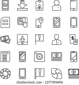 Thin Line Icon Set - mobile phone vector, identity card, document, important flag, cash, tracking, cell, camera, user, download, application, restaurant receipt, home control app
