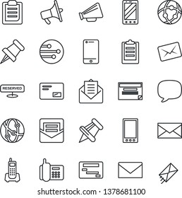 Thin Line Icon Set - mobile phone vector, mail, office, loudspeaker, network, cell, paper pin, message, clipboard, reserved, schedule
