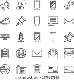 Thin Line Icon Set - mobile phone vector, mail, office, loudspeaker, network, cell, speaker, paper pin, message, clipboard, reserved, home, schedule