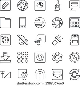 Thin Line Icon Set - mobile vector, menu, message, camera, settings, themes, calculator, mail, sd, network, folder, notes, download, torch, mute, cut, compass, fingerprint id, cellular signal