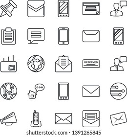 Thin Line Icon Set - mobile phone vector, speaking man, mail, office, loudspeaker, network, speaker, paper pin, message, clipboard, reserved, home, schedule