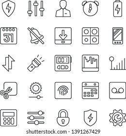 Thin Line Icon Set - mobile vector, protect, tuning, user, calculator, alarm, stopwatch, record, scanner, calendar, data exchange, download, torch, mute, brightness, cut, lock, fingerprint id