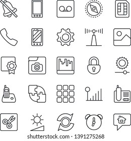 Thin Line Icon Set - mobile phone vector, antenna, radio, call, menu, gallery, settings, alarm, record, scanner, sim, mute, brightness, cut, compass, lock, photo, cellular signal, application