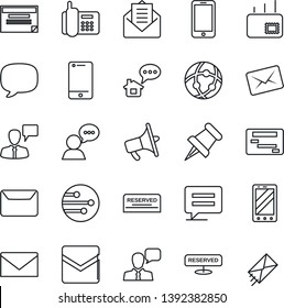 Thin Line Icon Set - mobile phone vector, speaking man, mail, office, loudspeaker, cell, speaker, paper pin, message, network, reserved, home, schedule