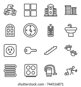 thin line icon set : modern architecture, window, building, district, arch, watch, remote control, sink, power socket, key, stairs, pets, towels, hob, vacuum cleaner