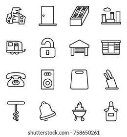 Thin line icon set : modern architecture, door, brick, city, trailer, unlocked, garage, wardrobe, phone, speaker, cutting board, stands for knives, corkscrew, bell, bbq, apron