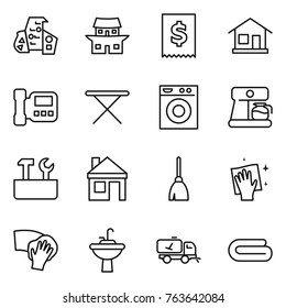 Thin line icon set : modern architecture, japanese house, tax, home, intercome, iron board, washing machine, coffee maker, repair tools, broom, wiping, water tap sink, call cleaning, towel