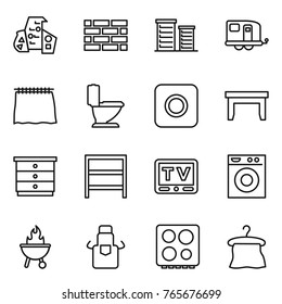 Thin line icon set : modern architecture, brick wall, district, trailer, curtain, toilet, ring button, table, chest of drawers, rack, tv, washing machine, bbq, apron, hob, hanger