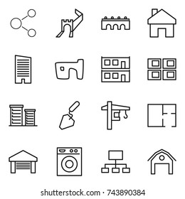 thin line icon set : molecule, greate wall, bridge, home, skyscraper, slum, modular house, panel, district, construction, tower crane, plan, garage, washing machine, hierarchy, barn
