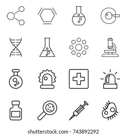 thin line icon set : molecule, hex, round flask, cell corection, dna, around, microscope, chemical, alarm, first aid, pills bottle, viruses, syringe, microb