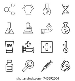 thin line icon set : molecule, hex, round flask, dna, microscope, chemical industry, uv cream, hospital, first aid, thermometer, pills bottle, viruses, syringe, microb