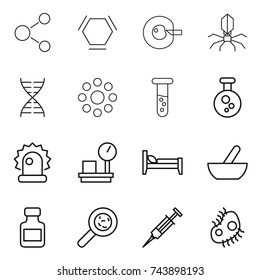 thin line icon set : molecule, hex, cell corection, virus, dna, round around, vial, chemical, alarm, warehouse scales, bed, mortar, pills bottle, viruses, syringe, microb