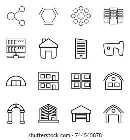 thin line icon set : molecule, hex, round around, server, home, skyscraper, slum, hangare, modular house, panel, arch, office, garage, barn