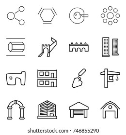 thin line icon set : molecule, hex, cell corection, round around, nano tube, greate wall, bridge, skyscrapers, slum, modular house, construction, tower crane, arch, office, garage, barn