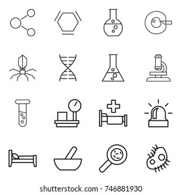 thin line icon set : molecule, hex, round flask, cell corection, virus, dna, microscope, vial, warehouse scales, hospital, alarm, bed, mortar, viruses, microb