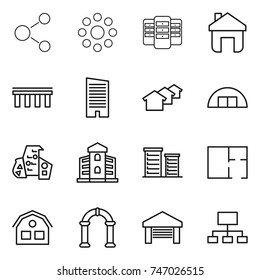 thin line icon set : molecule, round around, server, home, bridge, skyscraper, houses, hangare, modern architecture, building, district, plan, house, arch, garage, hierarchy