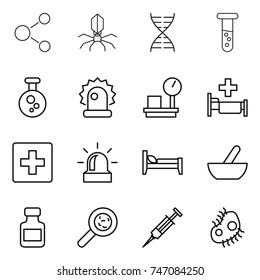 thin line icon set : molecule, virus, dna, vial, chemical, alarm, warehouse scales, hospital, first aid, bed, mortar, pills bottle, viruses, syringe, microb