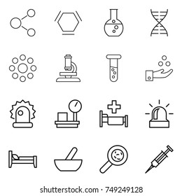 thin line icon set : molecule, hex, round flask, dna, around, microscope, vial, chemical industry, alarm, warehouse scales, hospital, bed, mortar, viruses, syringe